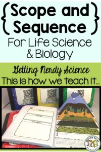 Looking for your whole year of science planned out? This scope and sequence is a life saver - it details out concepts to cover and a tentative time-line for completion. #gettingnerdyscience #lifescience #biology #biologylessons #lifesciencescopeandsequence